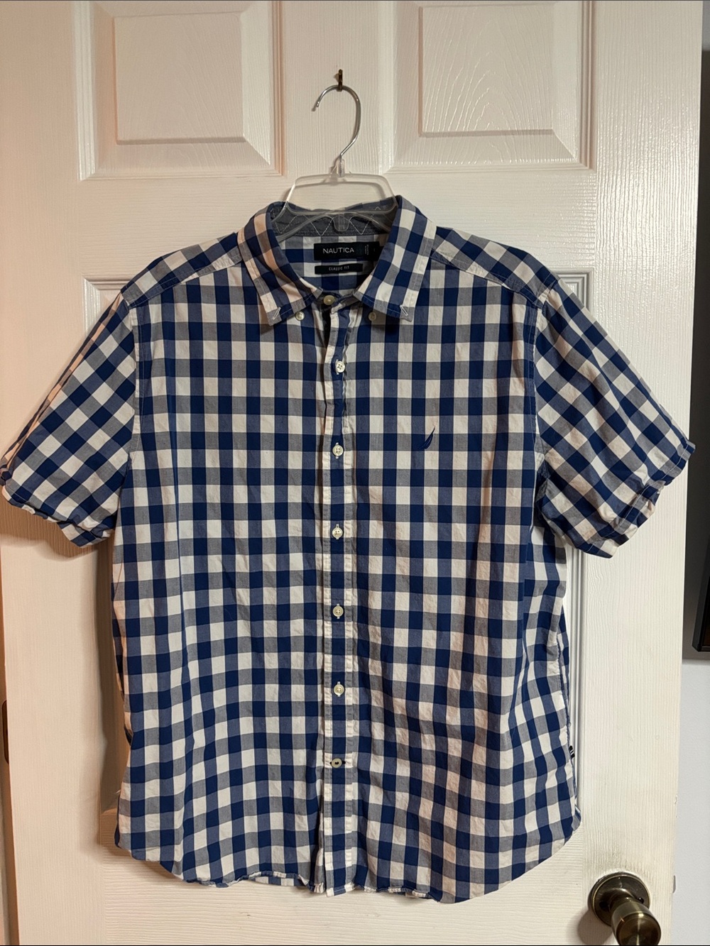 Nautica Men’s Navy and White Gingham Short-Sleeve Button-Down Shirt